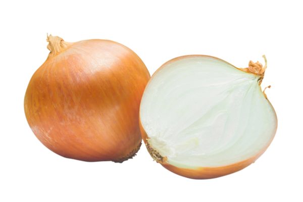 One fresh golden onion bulb with half or slice is isolated on white background with clipping path. Concept of healthy vegetable or food